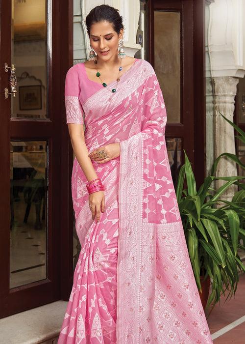 Blooming Pink Woven Lucknowi Linen Silk Saree