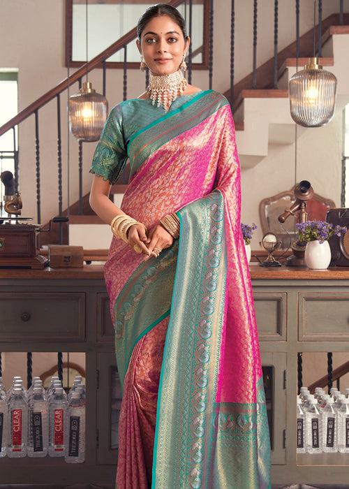 Rani Pink Woven Kanjivaram Silk Saree