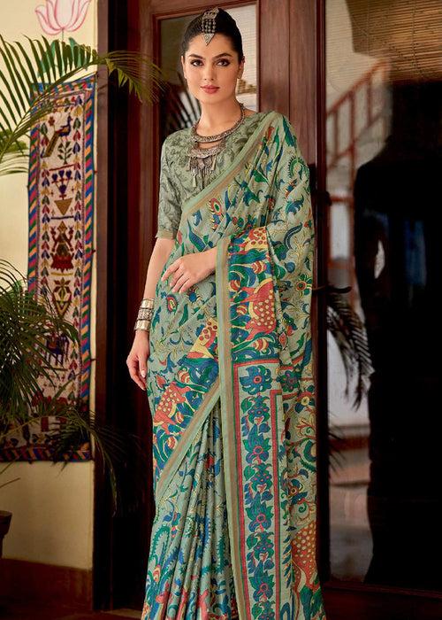 Saga Green Printed Soft Silk Saree