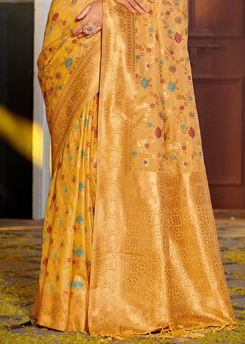 Golden Yellow Woven Banarasi Silk Saree With Brocade Blouse
