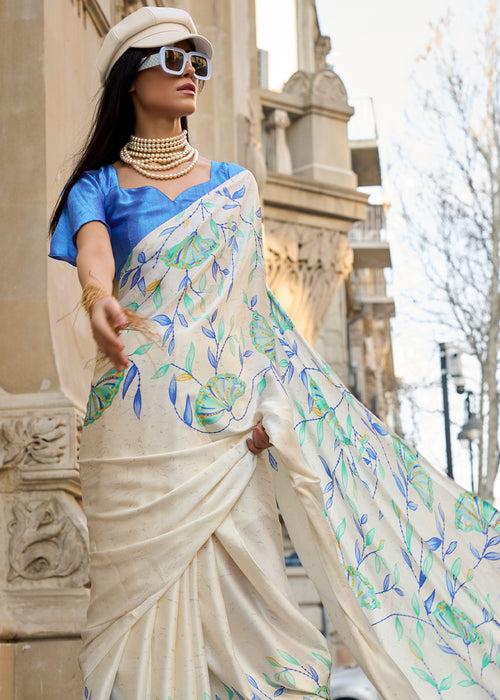 Pearl White And Blue Satin Crepe Printed Saree