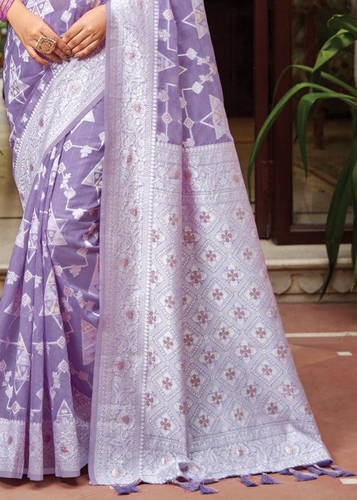 Pale Purple Woven Lucknowi Linen Silk Saree