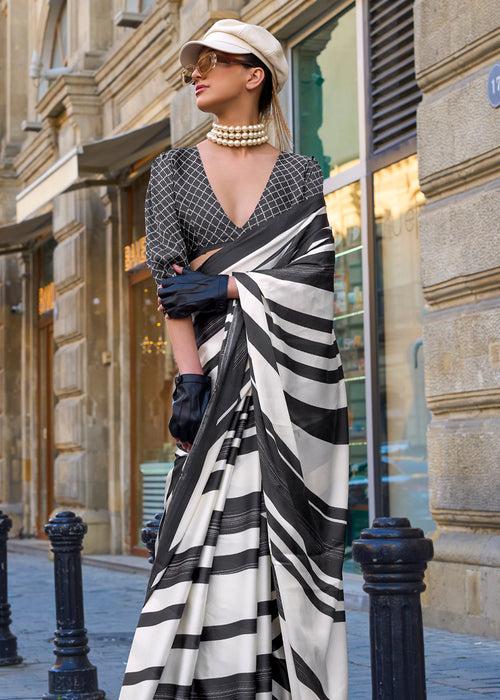 White And Black Satin Crepe Printed Saree