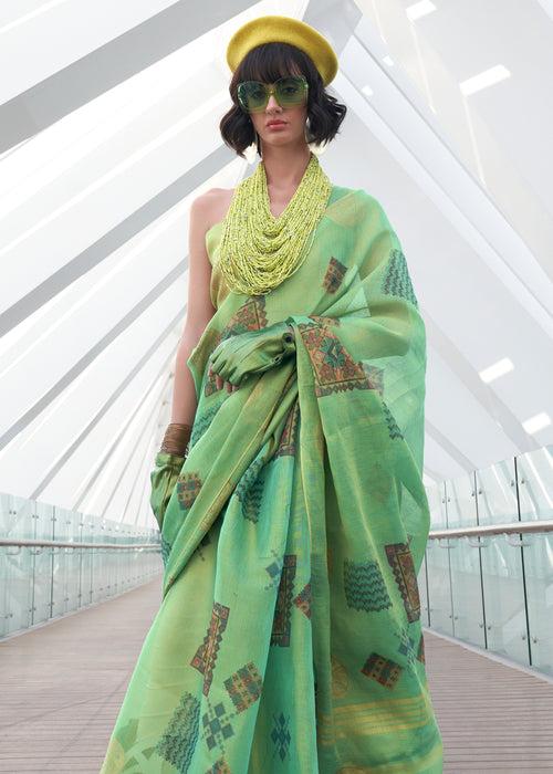 Light Green Woven Linen Silk Saree With Print