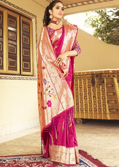 Magenta Pink Woven Paithani  Silk Saree