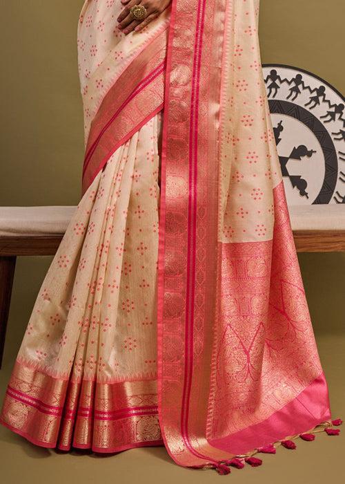 Off White And Pink Woven Banarasi Soft Silk Saree