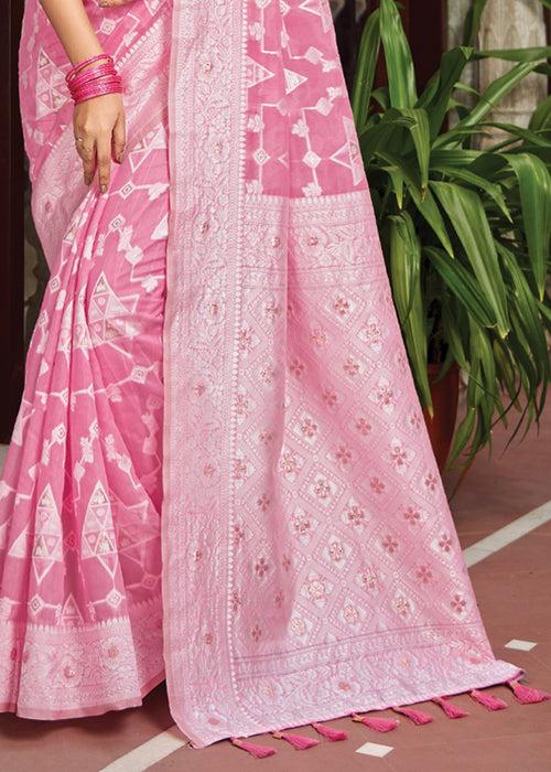 Blooming Pink Woven Lucknowi Linen Silk Saree