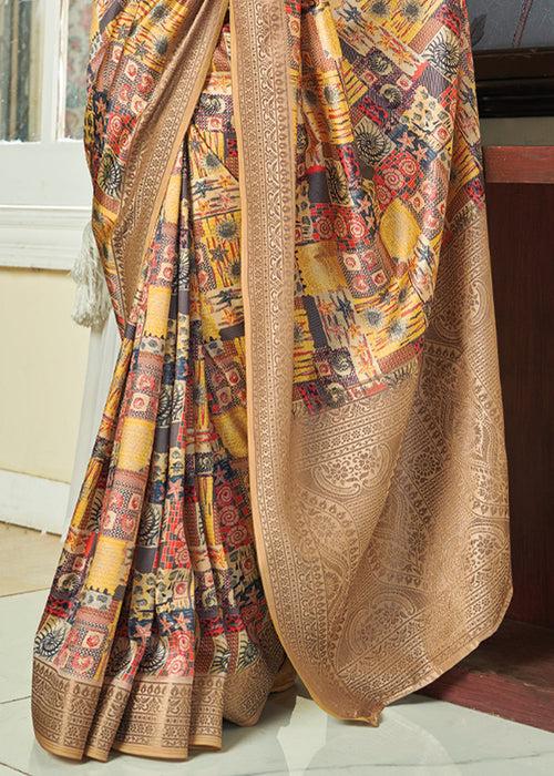 Brown And Yellow Woven Banarasi Satin Silk Saree