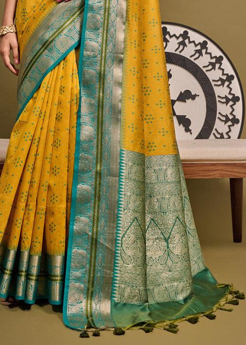 Mustard Yellow Woven Banarasi Soft Silk Saree