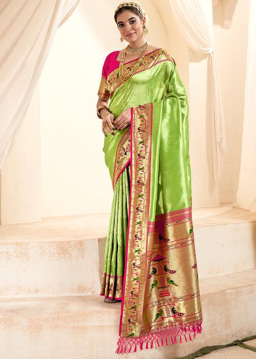 Parrot Green Woven Paithani Tissue Silk Saree