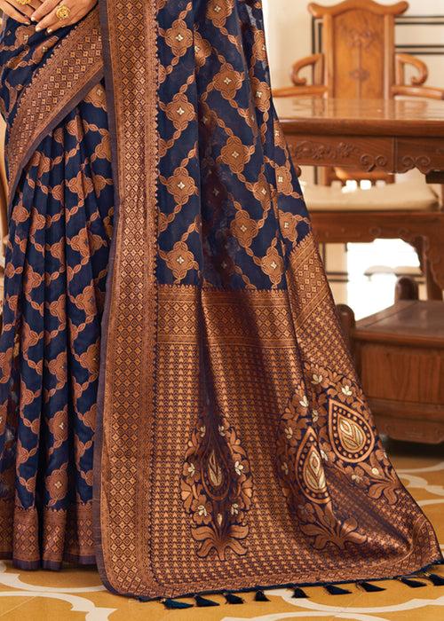 Navy Blue Woven Banarasi Cotton Silk Saree