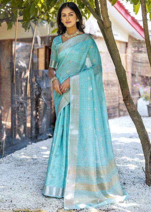 Aqua Blue Woven Cotton Silk Saree