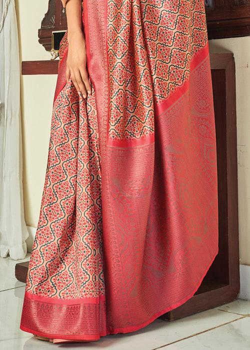 Rosy Red Woven Banarasi Satin Silk Saree