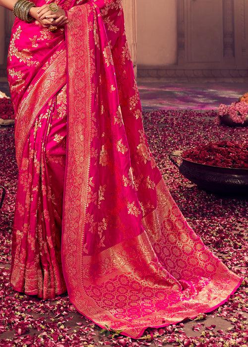 Rani Pink Woven Banarasi Soft Silk Saree