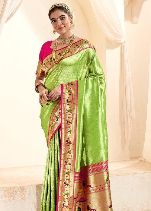 Parrot Green Woven Paithani Tissue Silk Saree