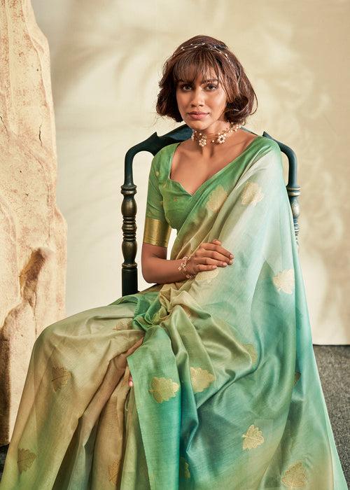 Leaf Green Digital Printed Textured Silk Saree