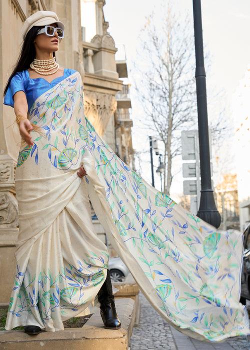 Pearl White And Blue Satin Crepe Printed Saree