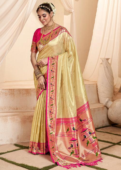Golden Beige Woven Paithani Tissue Silk Saree