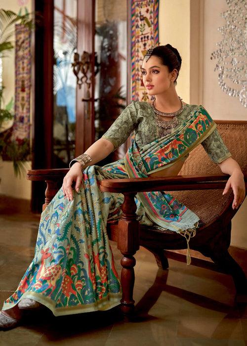 Saga Green Printed Soft Silk Saree