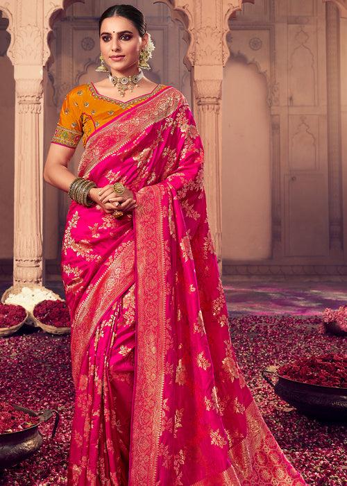 Rani Pink Woven Banarasi Soft Silk Saree