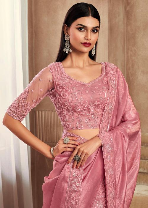 Rich Rose Pink Designer Embroidered Saree