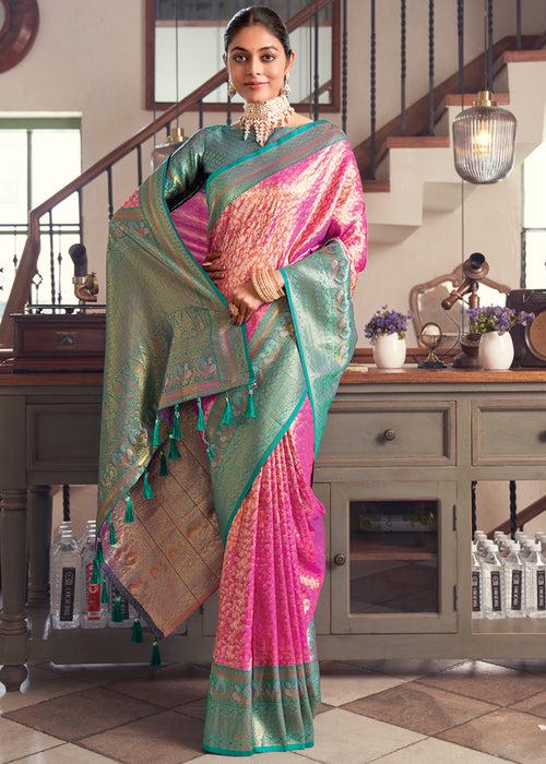 Rani Pink Woven Kanjivaram Silk Saree