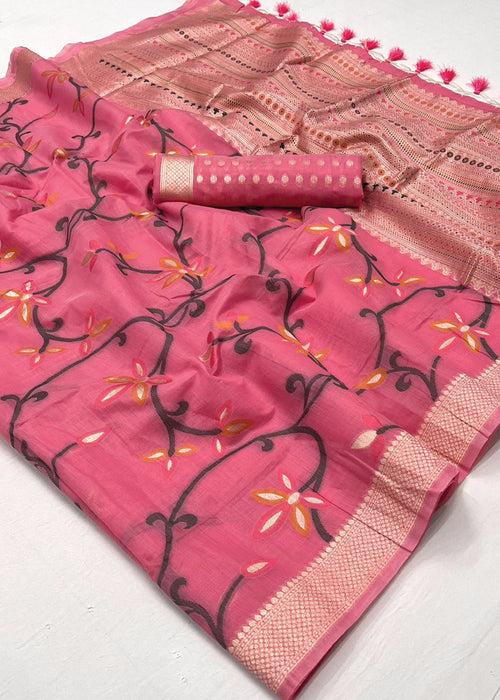 Beautiful Pink Woven Banarasi Mulmul Cotton Jamdani Saree