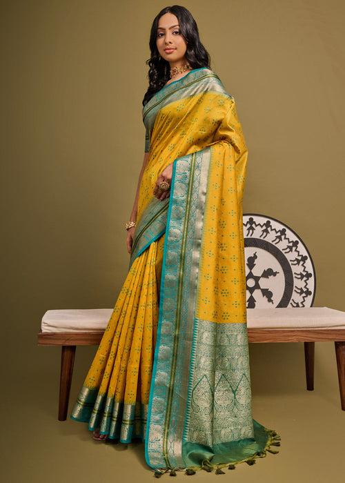 Mustard Yellow Woven Banarasi Soft Silk Saree