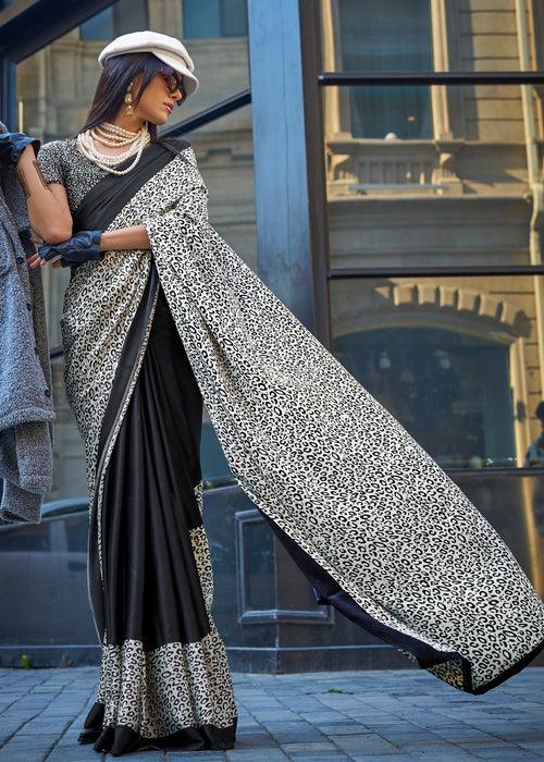 Abstract White And Black Satin Crepe Printed Saree