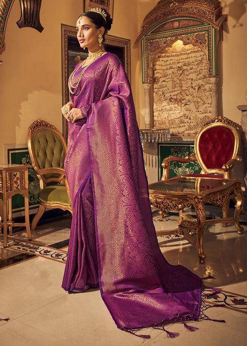 Deep Purple Woven Kanjivaram Silk Saree With Zari