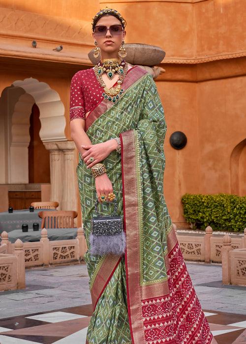 "Special Price": Ash Green Printed Patola Silk Saree