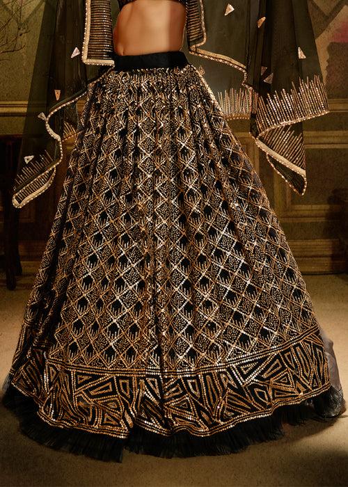 "Special Price" : Golden Black Designer Sequins Embroidered Lehenga