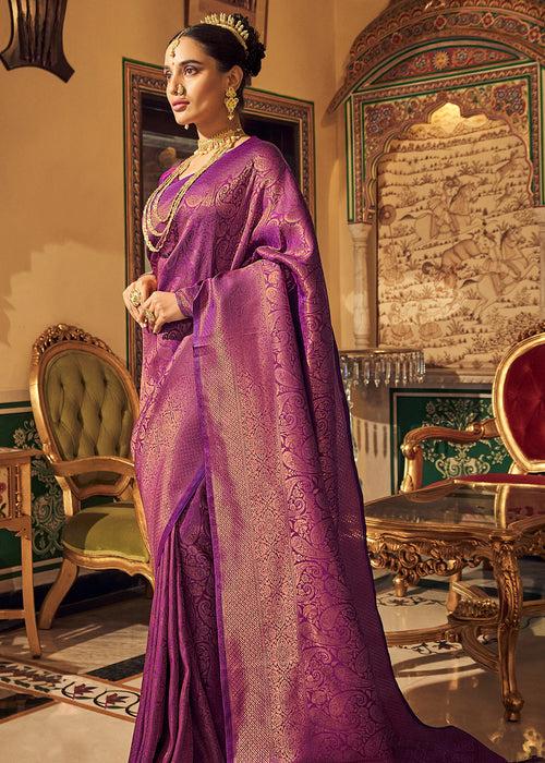 Deep Purple Woven Kanjivaram Silk Saree With Zari