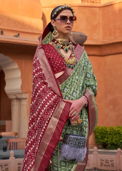 "Special Price": Ash Green Printed Patola Silk Saree