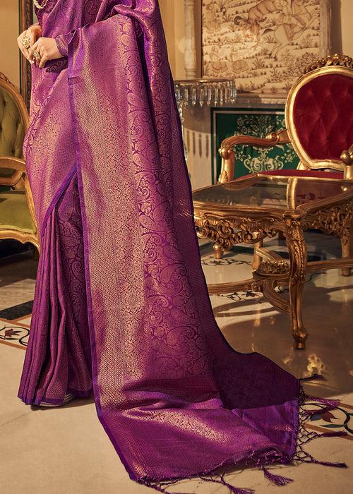 Deep Purple Woven Kanjivaram Silk Saree With Zari