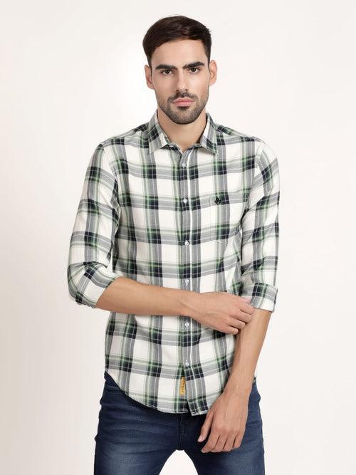 Men White and Green Checked  Formal Shirt (GBRJ6026)