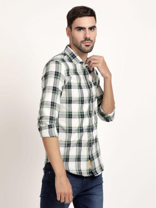 Men White and Green Checked  Formal Shirt (GBRJ6026)