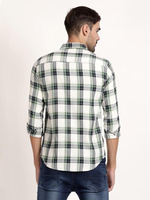 Men White and Green Checked  Formal Shirt (GBRJ6026)