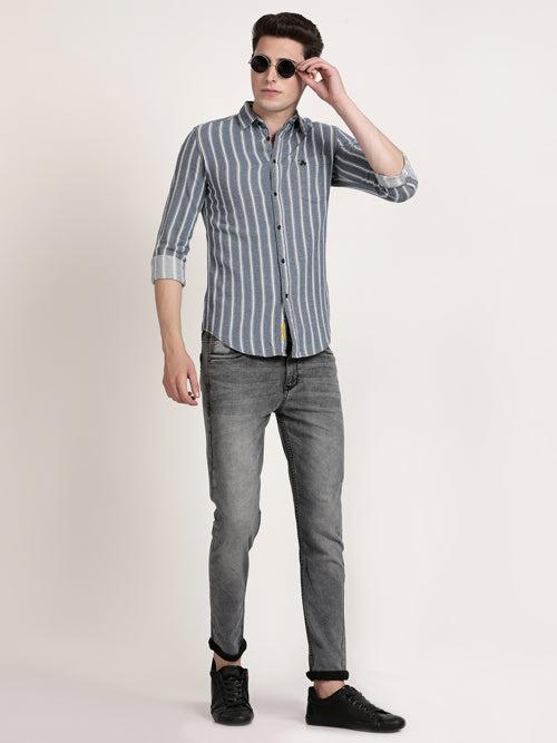 Men Grey Stripped Formal Shirt (GBRJ6005)