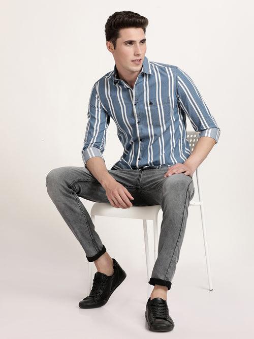 Men Blue Striped Semi Formal Shirt (GBRJ6013)