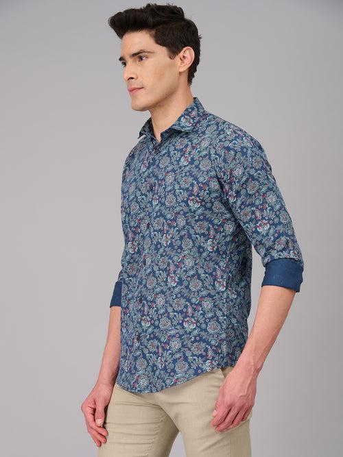 Men Blue Floral Print Casual Shirt