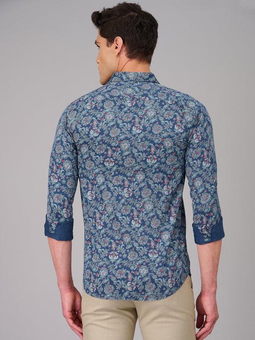 Men Blue Floral Print Casual Shirt