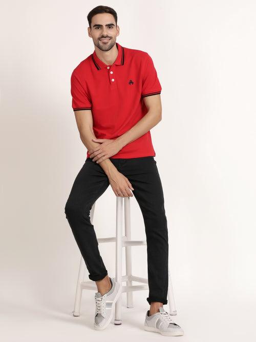 Men Red Solid Polo Collar T-shirt (CRISPA3504)