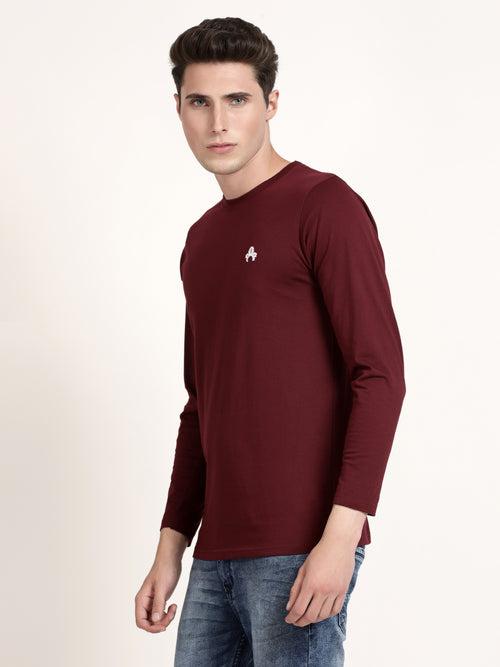 Men Maroon Slim Fit Solid Full Sleeves T-shirt (KRUSBUS1002)