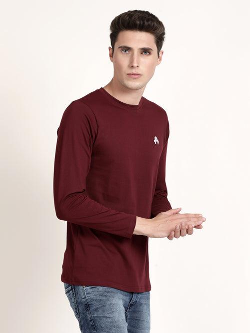 Men Maroon Slim Fit Solid Full Sleeves T-shirt (KRUSBUS1002)