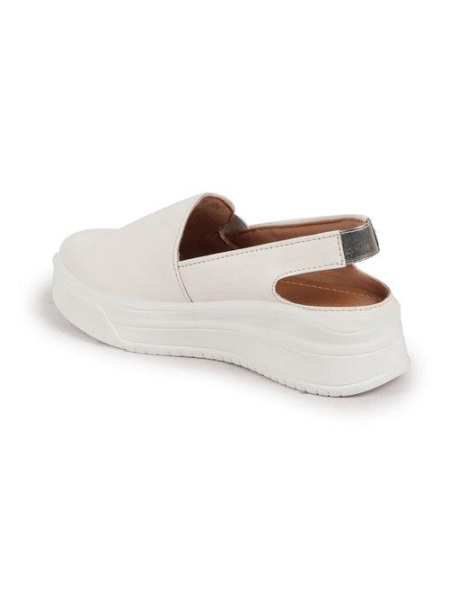 Women White Height Enhancer Elastic Closure Back Strap Platform Heel Slip On Shoes|Stylish|Chunky|Weekend|Classic Sneaker Shoes