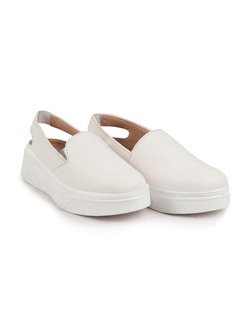 Women White Height Enhancer Elastic Closure Back Strap Platform Heel Slip On Shoes|Stylish|Chunky|Weekend|Classic Sneaker Shoes