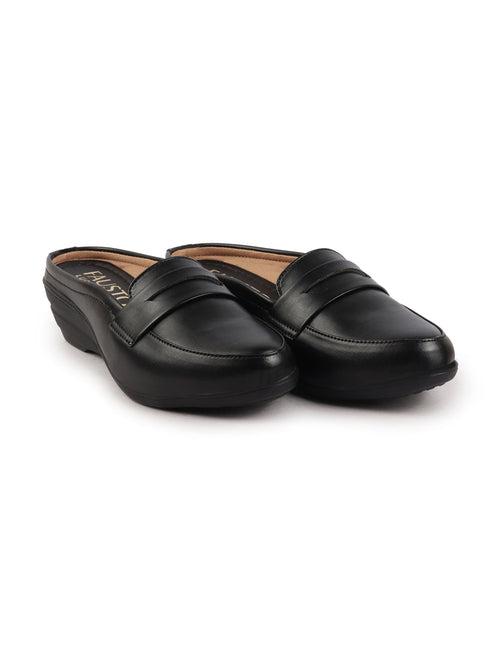 Women Black Formal Back Open Platform Wedge Heel Slip On Loafer Shoes