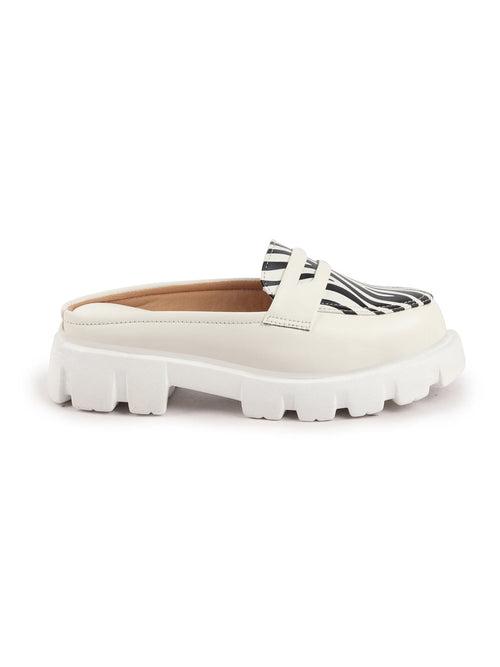 Women White Stiched Zebra Striped Print Back Open Party Slip On Casual Shoes