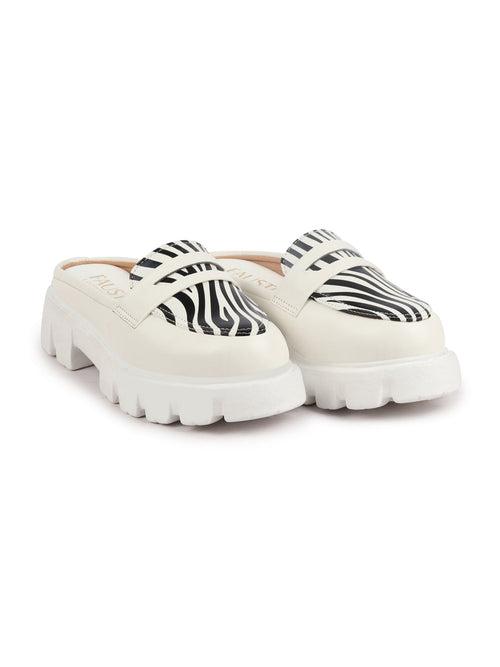 Women White Stiched Zebra Striped Print Back Open Party Slip On Casual Shoes